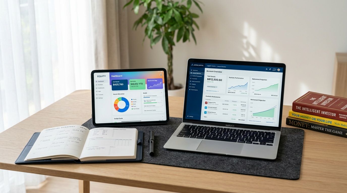 A professional desk workspace featuring a tablet, a laptop displaying financial data, and a financial planner notebook.
