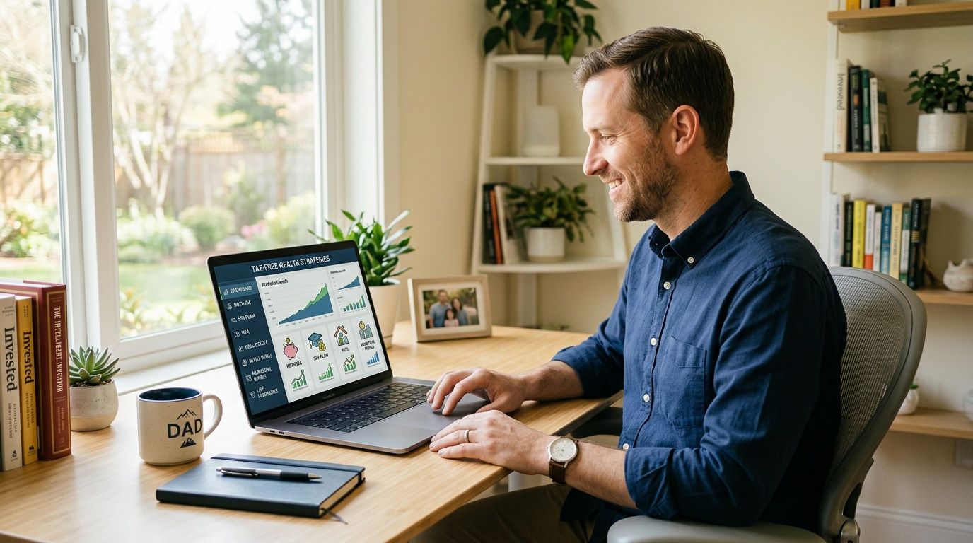 A man smiling while looking at tax-free wealth strategies on his laptop at a wooden desk.