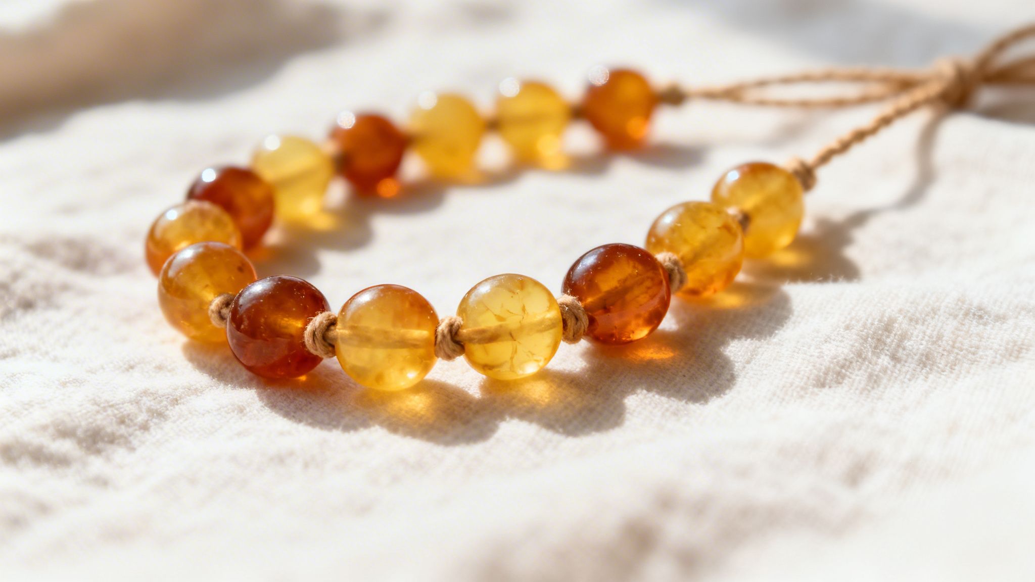 A close-up of a handcrafted amber bead necklace resting on a light-colored, textured fabric background.