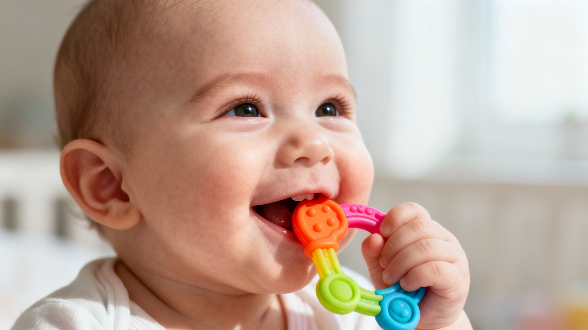 A happy baby boy smiling while chewing on a colorful plastic teething toy to soothe his gums.