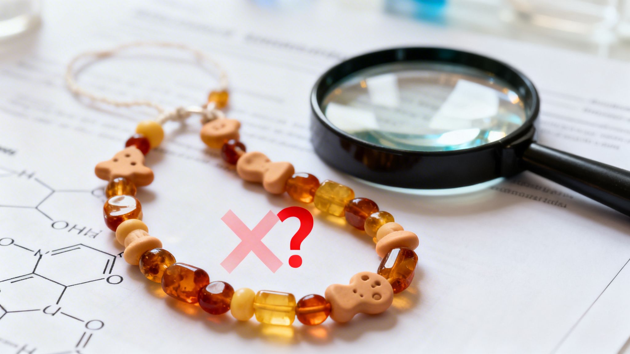 An amber teething necklace rests on top of a scientific chemistry paper with a magnifying glass.