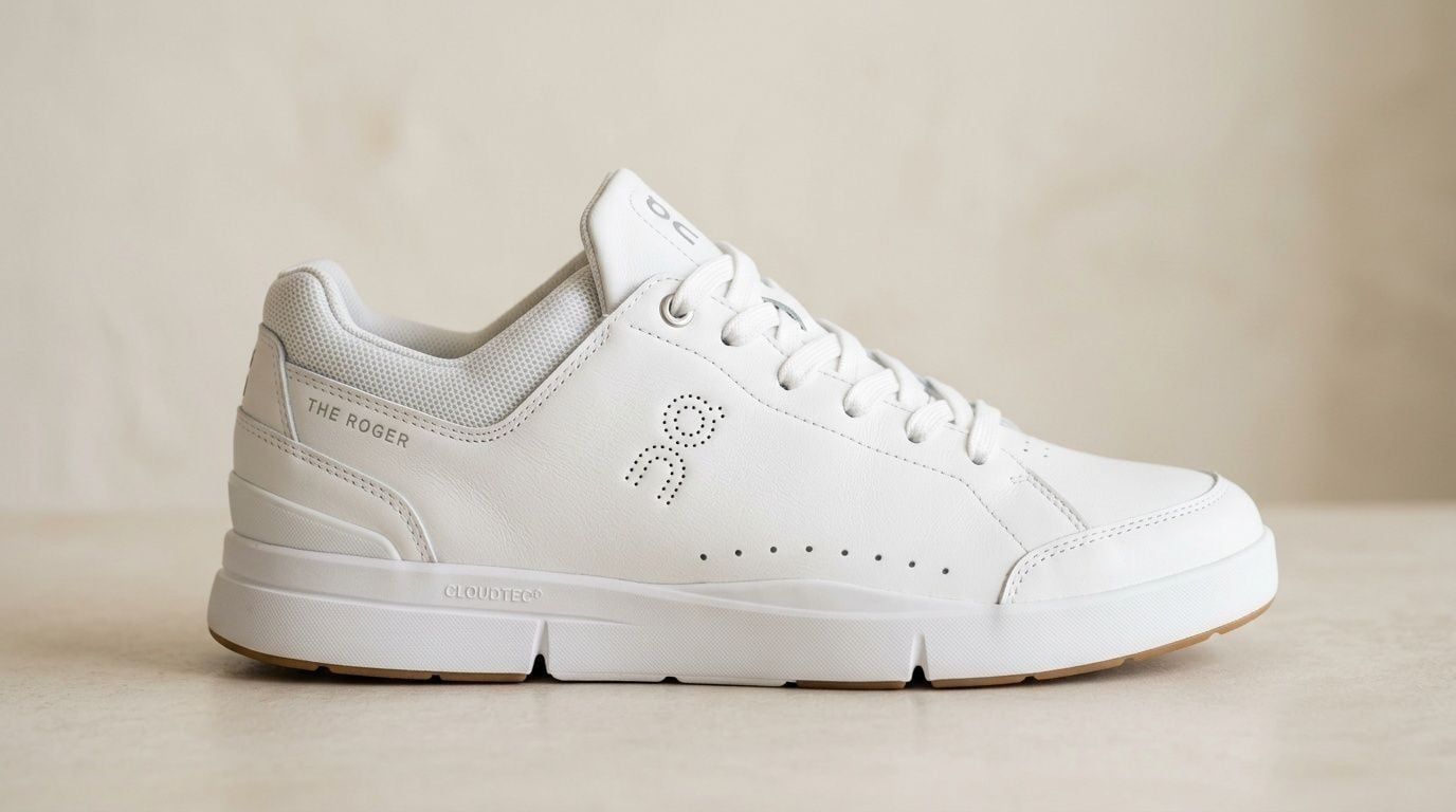 A clean white On The Roger Clubhouse sneaker with a gum sole shown against a neutral background.