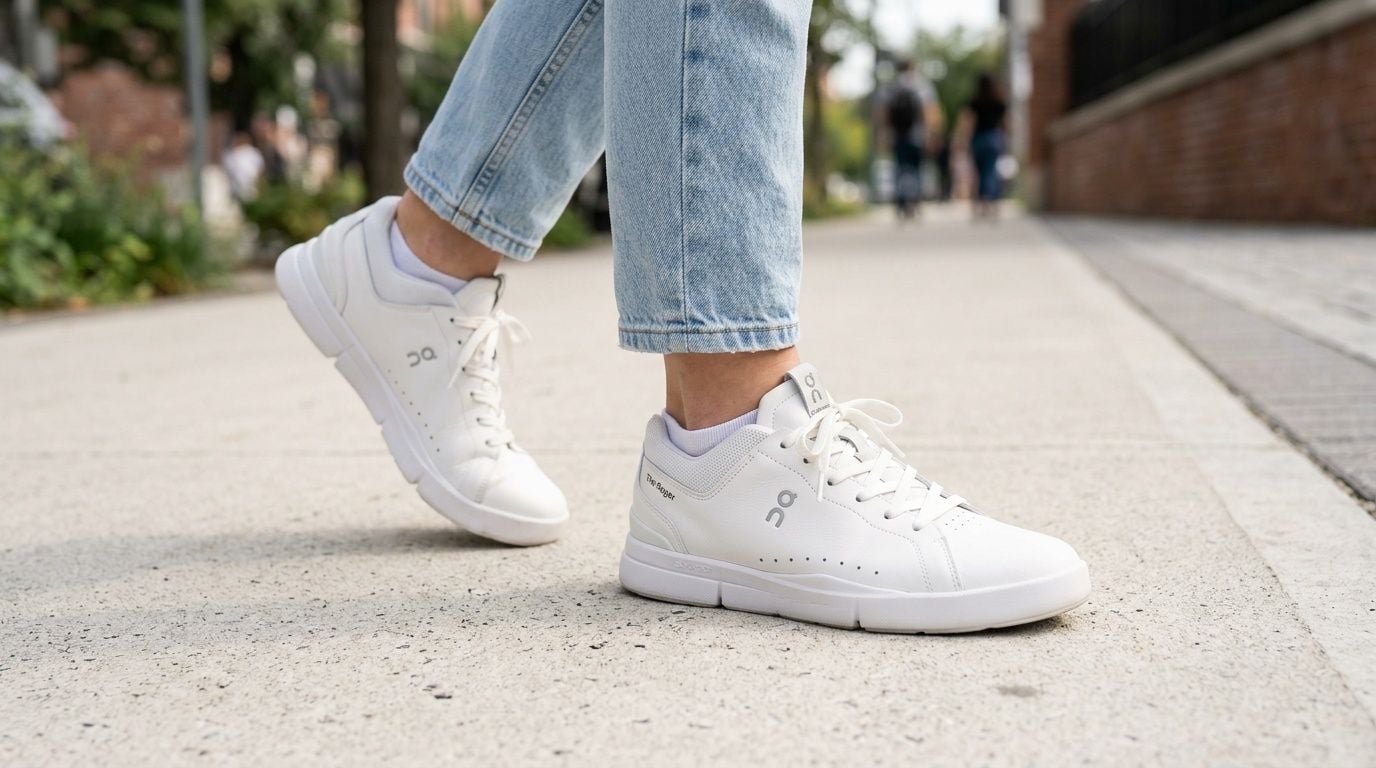 A person wearing white On The Roger Clubhouse sneakers while standing on a concrete urban sidewalk.