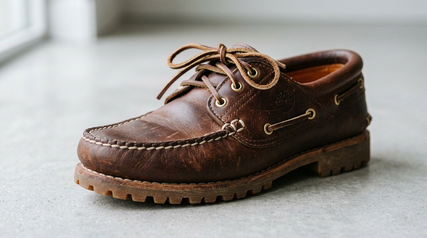 Close-up of a rustic brown leather Timberland 3-eye boat shoe on a light gray surface.