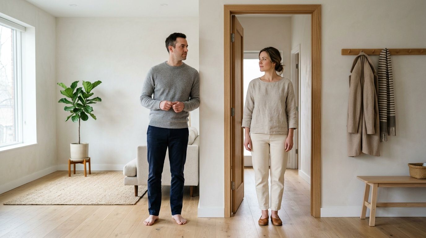 A couple stands in a clean home, looking at each other across an open doorway.