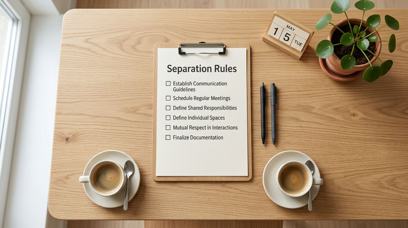 A clipboard with 'Separation Rules' checklist on a wooden table with coffee, pens, and a calendar.