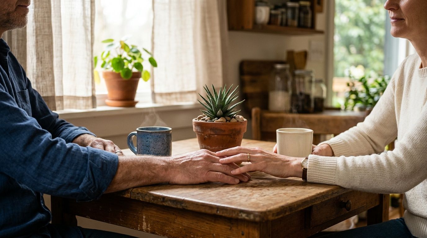 A couple's hands gently touch across a wooden table with steaming mugs and a succulent.