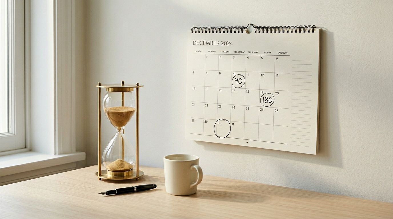 A desk with an hourglass, a pen, a coffee mug, and a calendar showing December 2026 with circled dates.