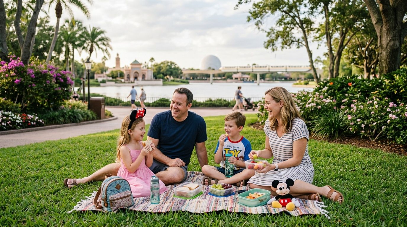 A happy family enjoys a picnic together on the grass at Disney World with park icons visible.