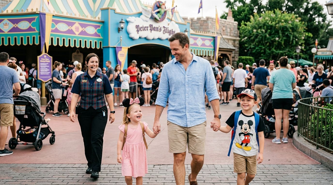 A father walking hand-in-hand with his young daughter and son at Disney World with a VIP guide.