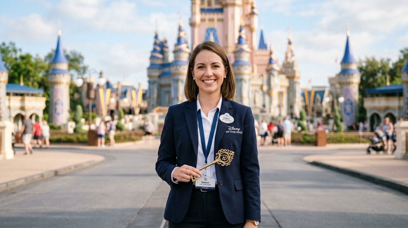 A professional Disney VIP Tour guide holding a golden key in front of Cinderella Castle at Magic Kingdom.