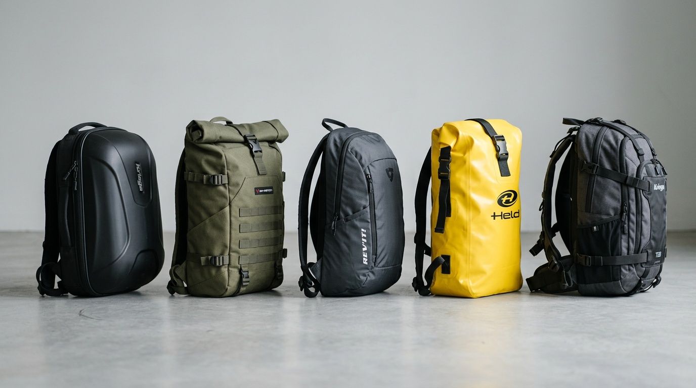 Five distinct waterproof motorcycle backpacks in various colors and styles, displayed on a grey floor.