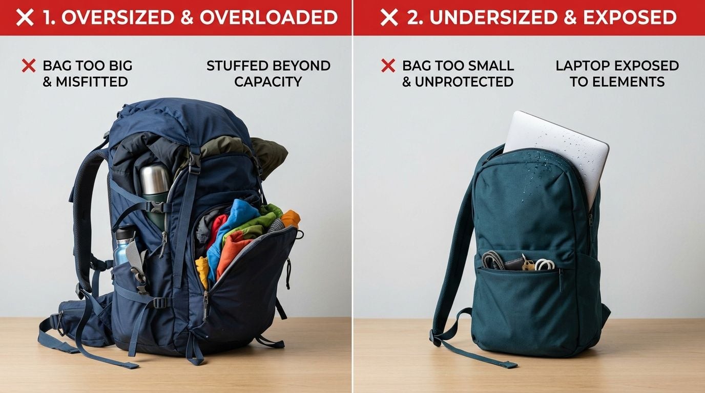Image showing common packing mistakes: an oversized, overloaded backpack and a small backpack with an exposed, wet laptop.