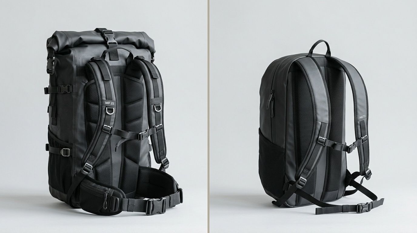 Two waterproof dark grey backpacks: a heavy-duty roll-top and a sleek urban model.