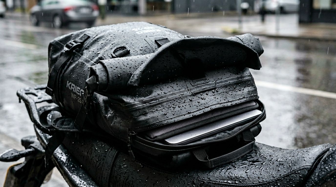 Black KRIEG waterproof motorcycle backpack covered in raindrops with a laptop inside on a wet street.
