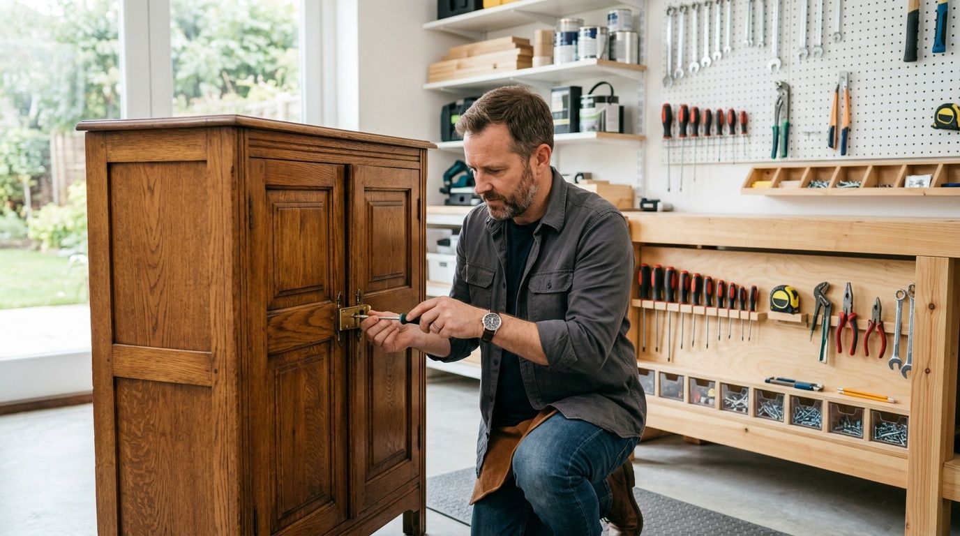 A craftsman repairs the brass lock on a wooden cabinet in a well-equipped professional workshop.