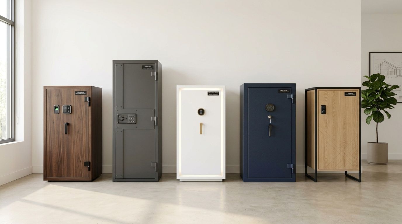 A line of five stylish, modern gun safes in various finishes displayed against a plain white wall.