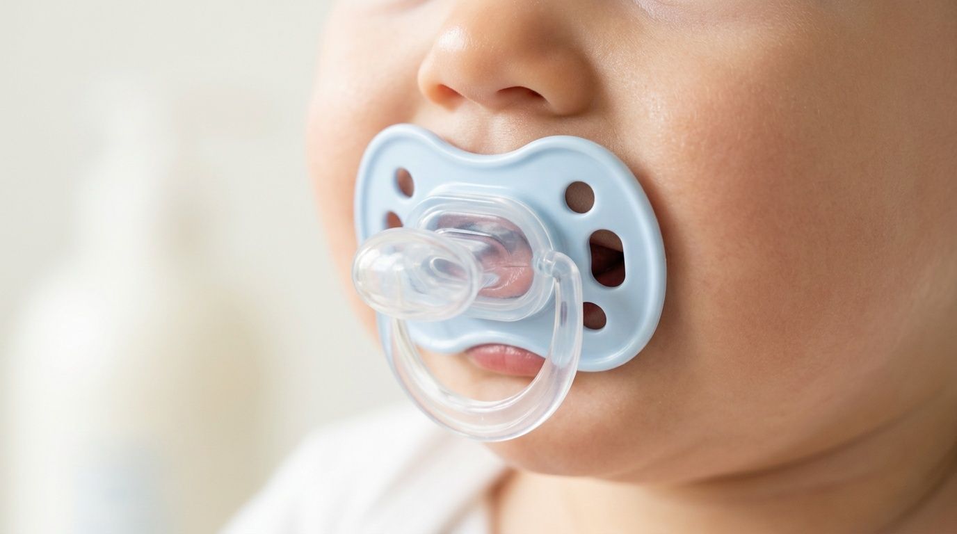 A close-up of a baby's face with a light blue pacifier in their mouth.