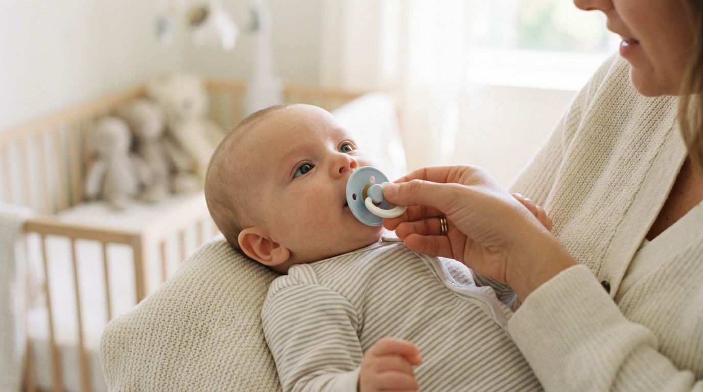 A mother gently placing a light blue pacifier in her baby's mouth while holding the infant close.
