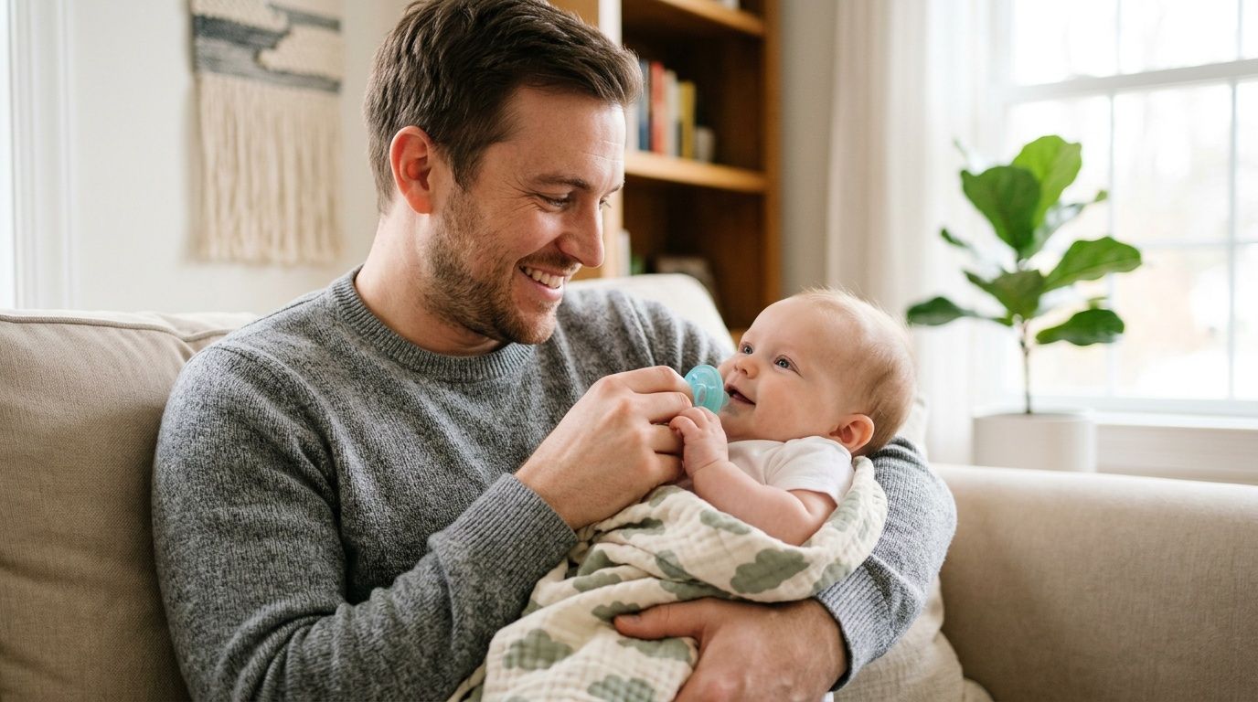 A smiling father holding his baby son while gently offering him a blue pacifier at home.