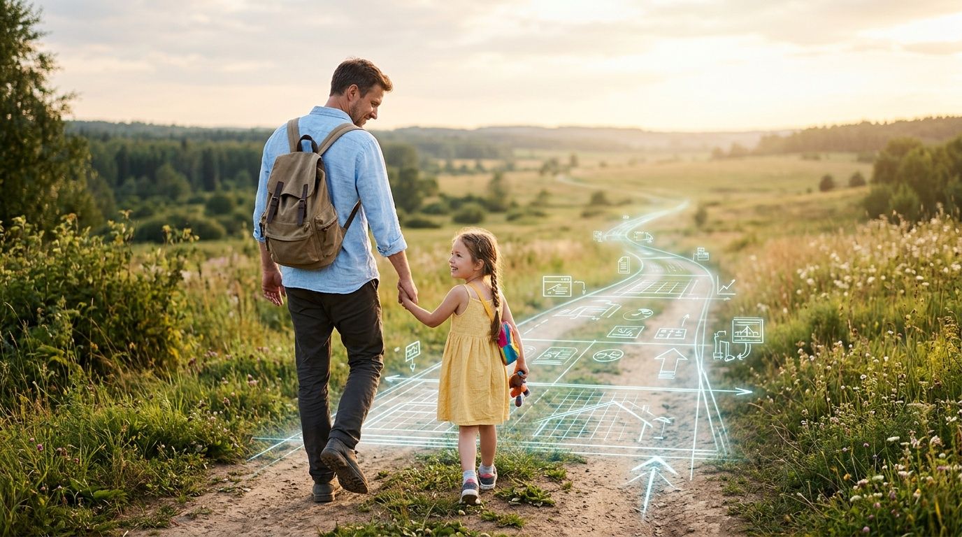 A father and daughter walking together on a dirt path in a scenic meadow at sunset.