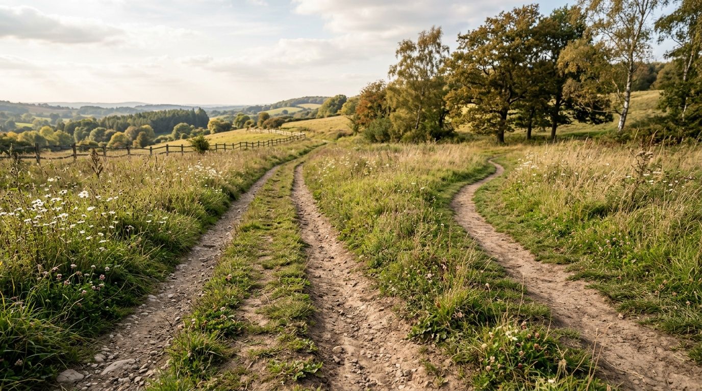 A scenic, peaceful dirt path diverging into two directions through a grassy meadow during golden hour.