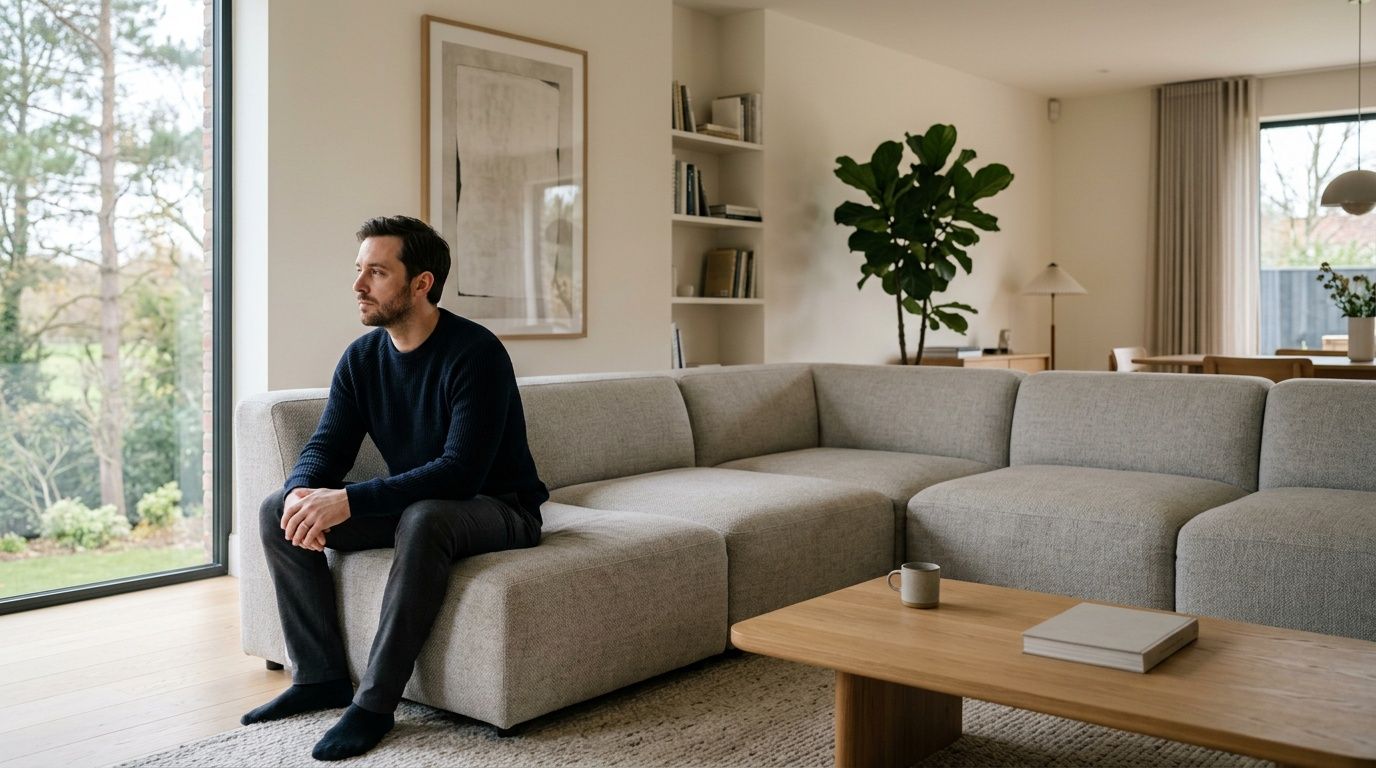 A pensive man sitting alone on a large grey sofa in a bright and minimalist modern living room.