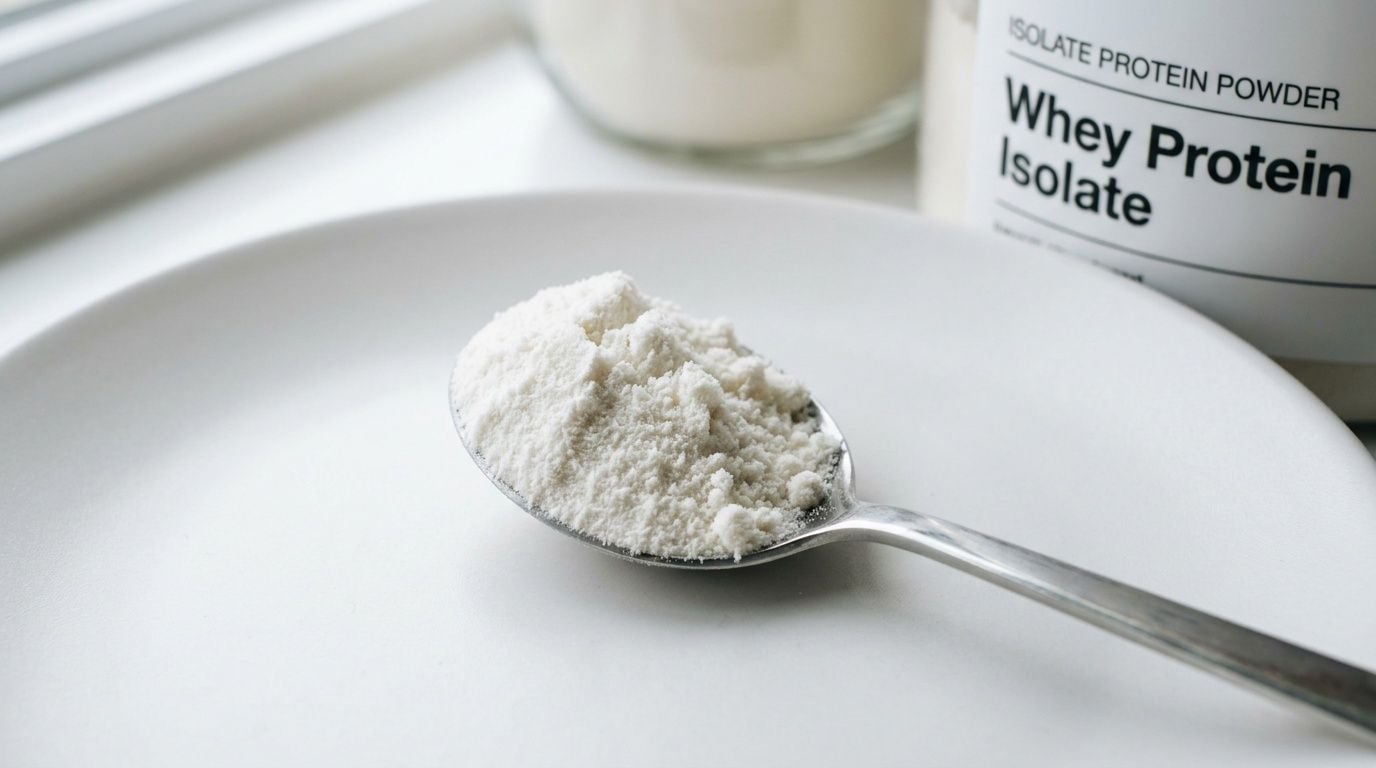 A silver spoon filled with white whey protein isolate powder rests on a plain white plate.