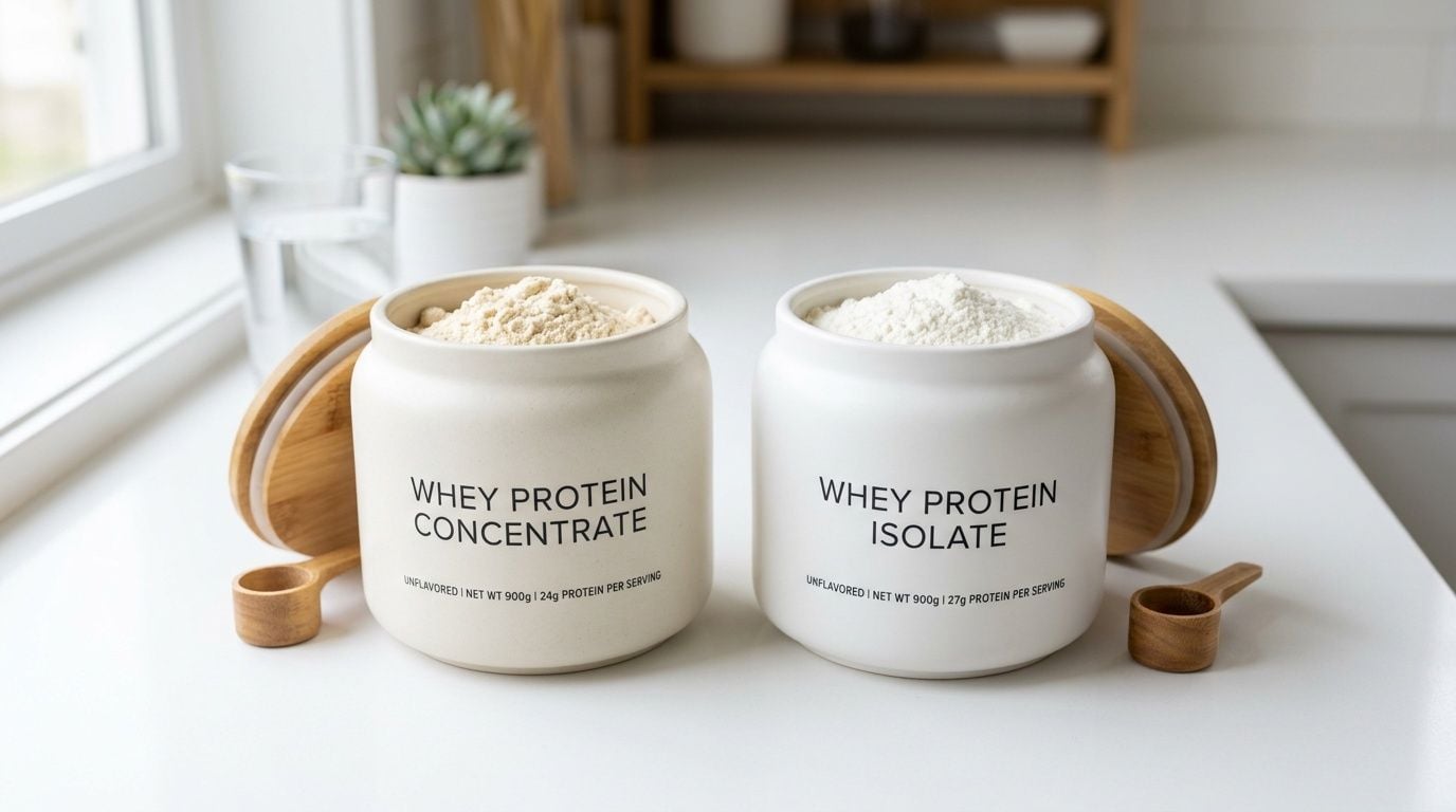Two ceramic jars filled with whey protein concentrate and whey protein isolate powders on a kitchen counter.