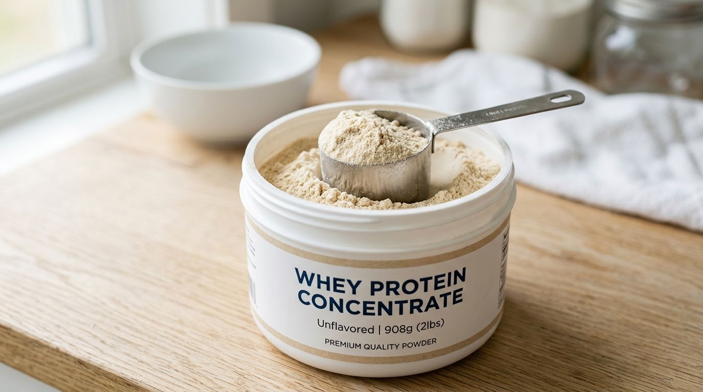 A tub of unflavored whey protein concentrate powder with a measuring scoop on a wooden kitchen counter.