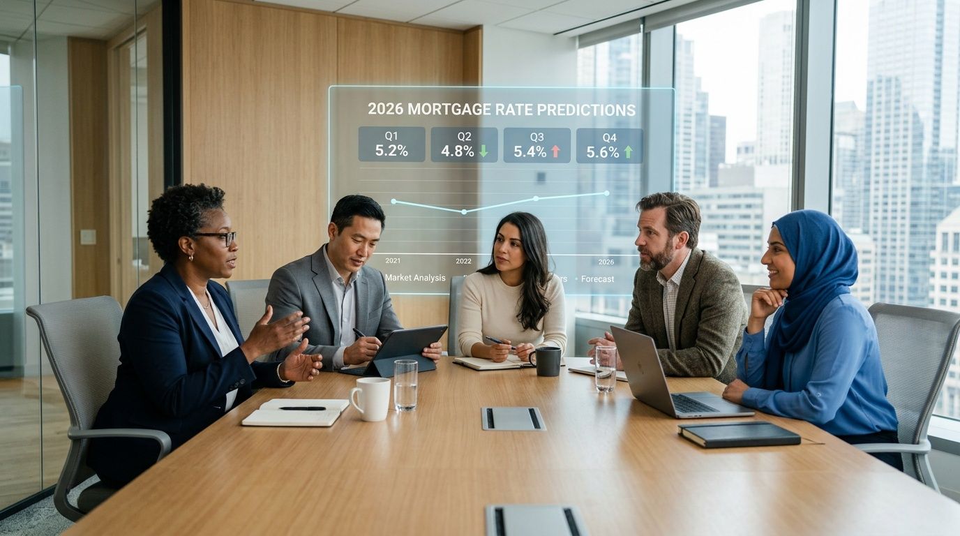 A diverse team of professionals in a modern office meeting, discussing a digital chart of mortgage rate predictions.