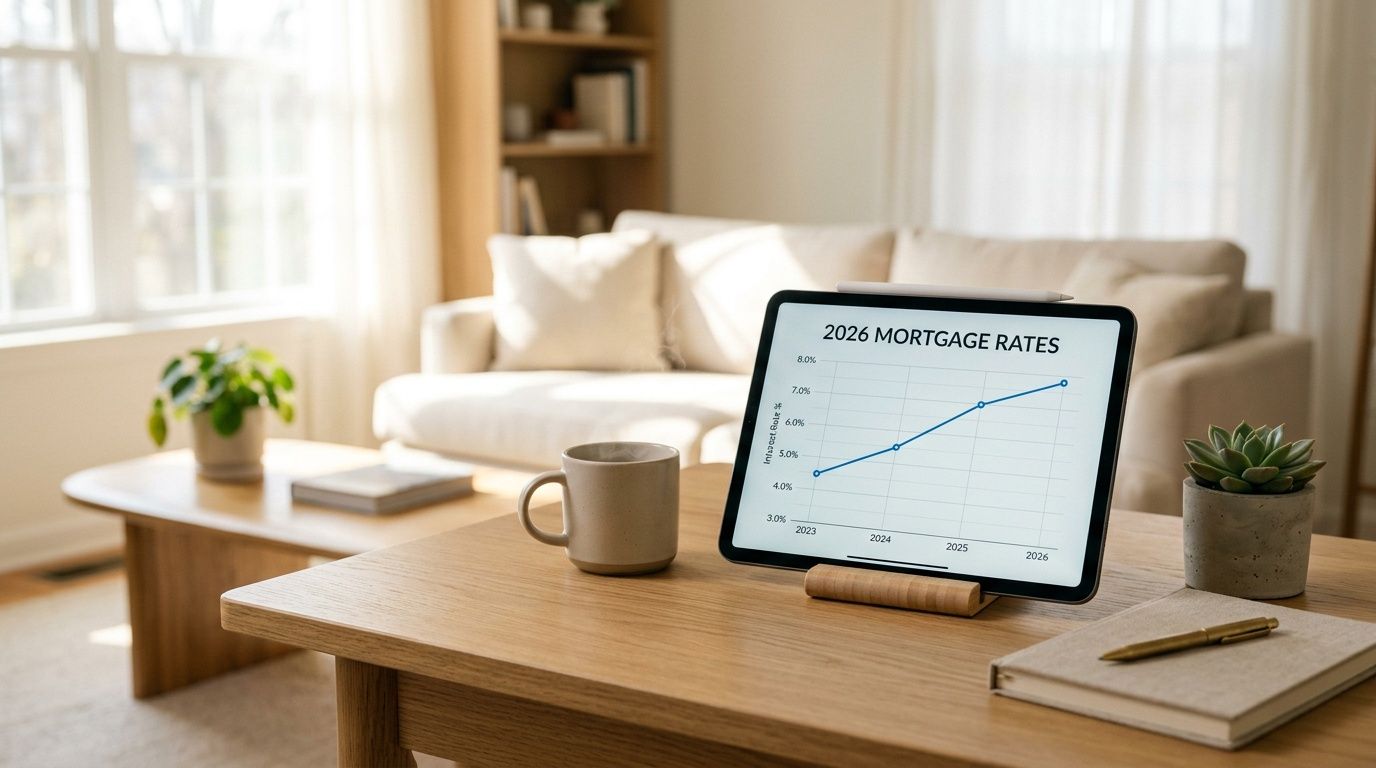 A digital tablet displaying a rising mortgage rates line graph on a wooden living room table.