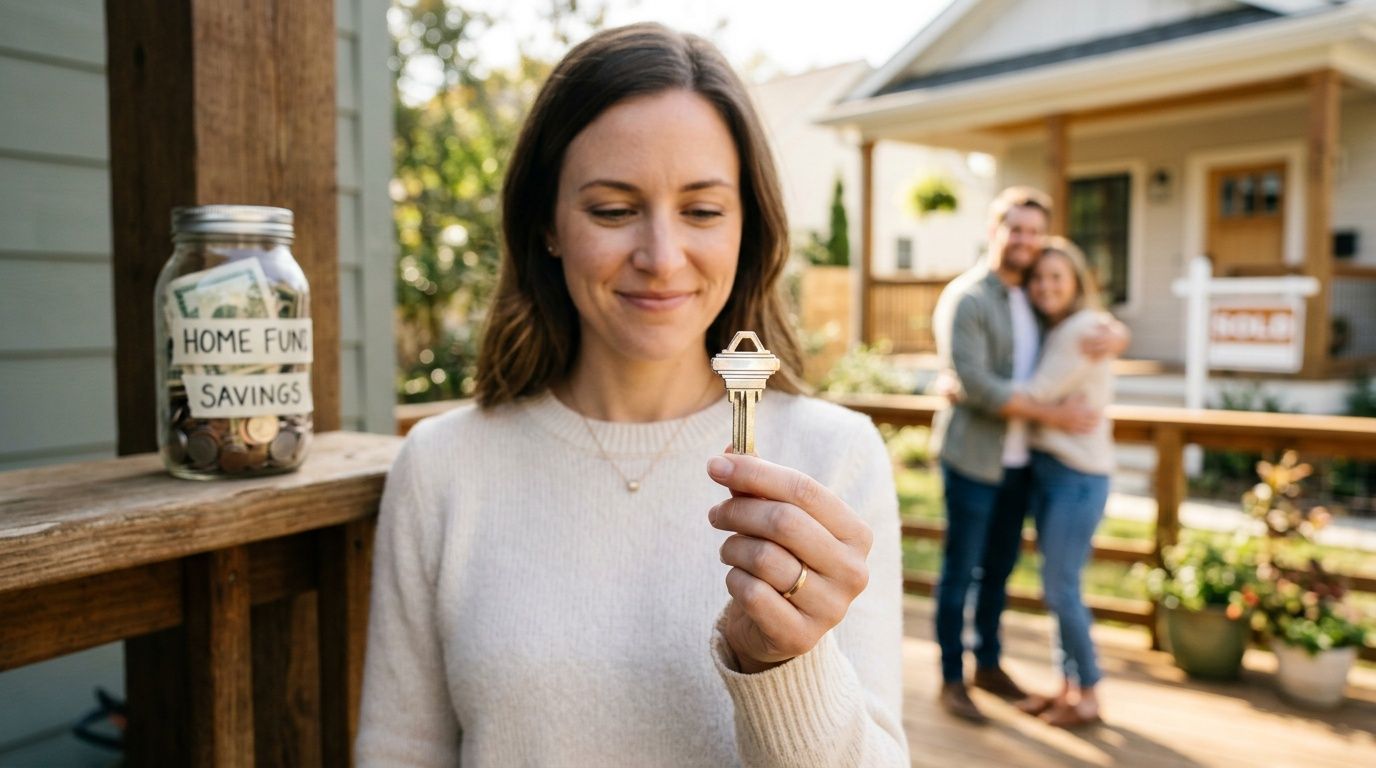 A woman holding a house key in the foreground with a couple embracing in the background.