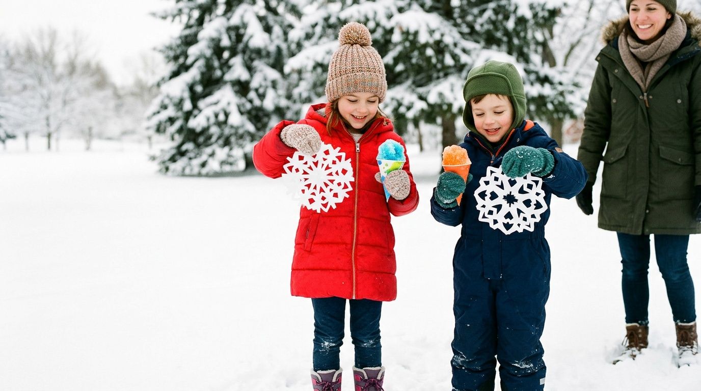 Two happy children in winter clothes holding paper snowflakes and colorful snow cones in a snowy park.