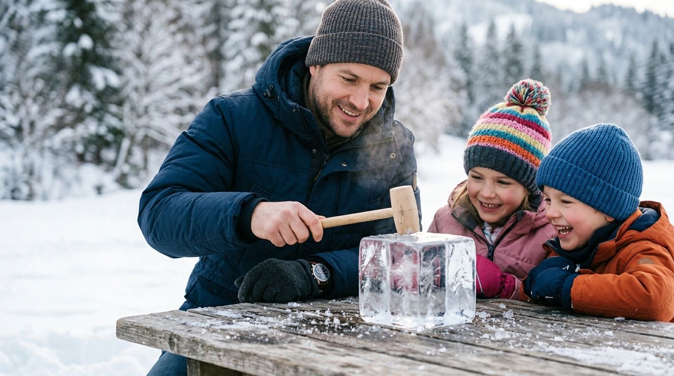 A happy family enjoys a winter activity, with a dad gently tapping an ice block as two children watch with delight.