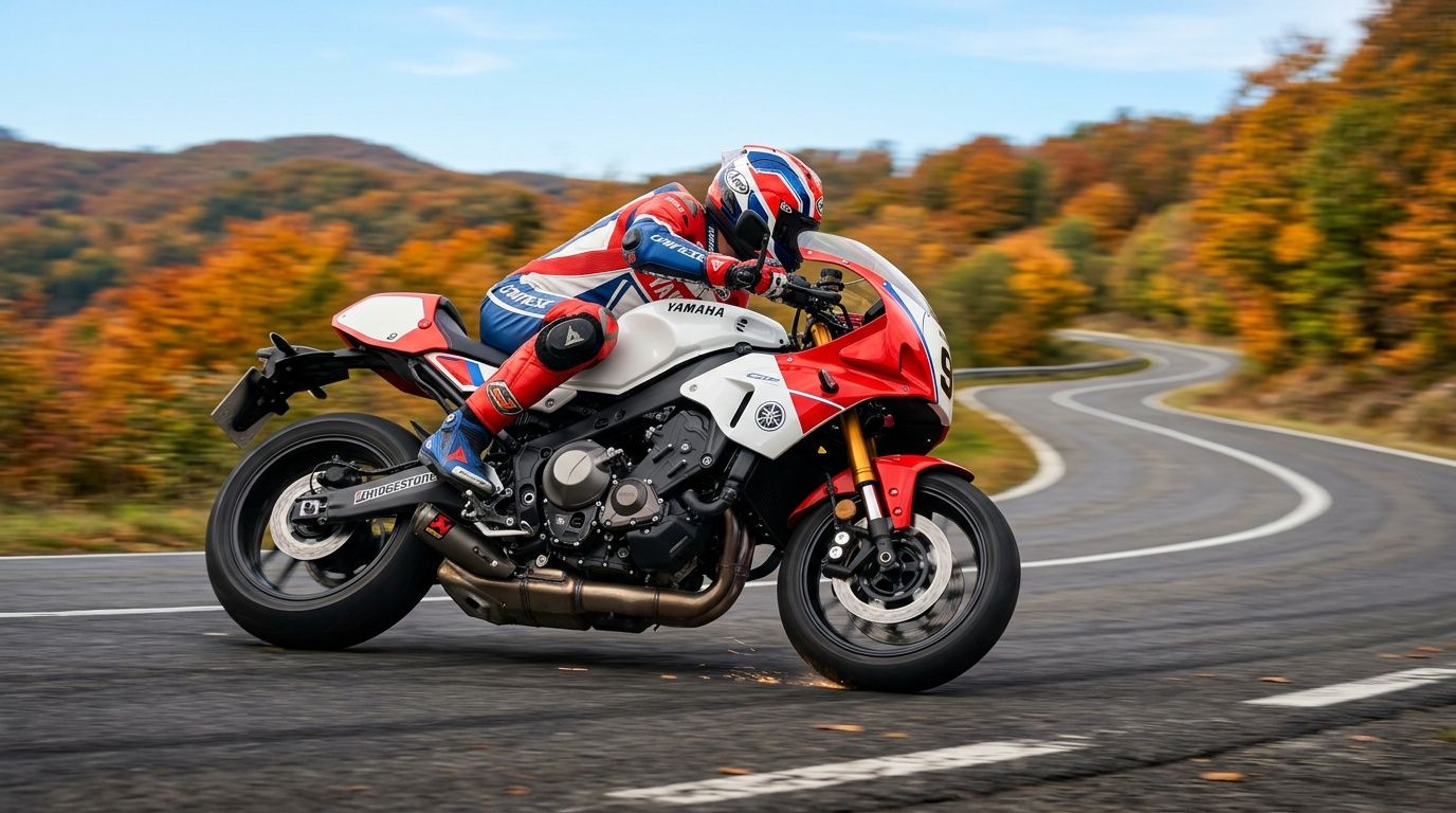 A professional rider on a Yamaha XSR900 GP motorcycle cornering on a winding road during autumn.