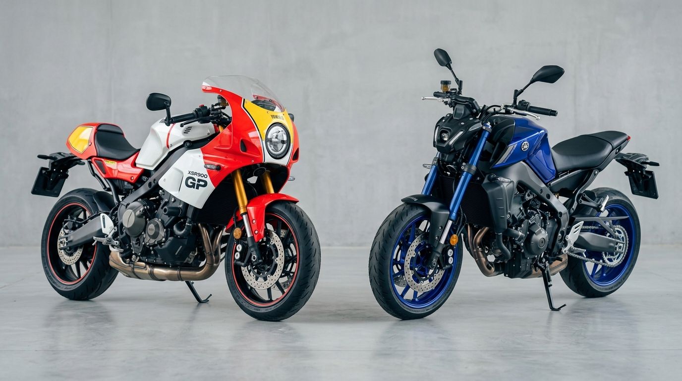 A red and white Yamaha XSR900 GP motorcycle parked next to a blue Yamaha MT-09 motorcycle in a studio.