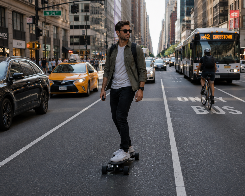 A man cruising through the city on his best electric skateboard.