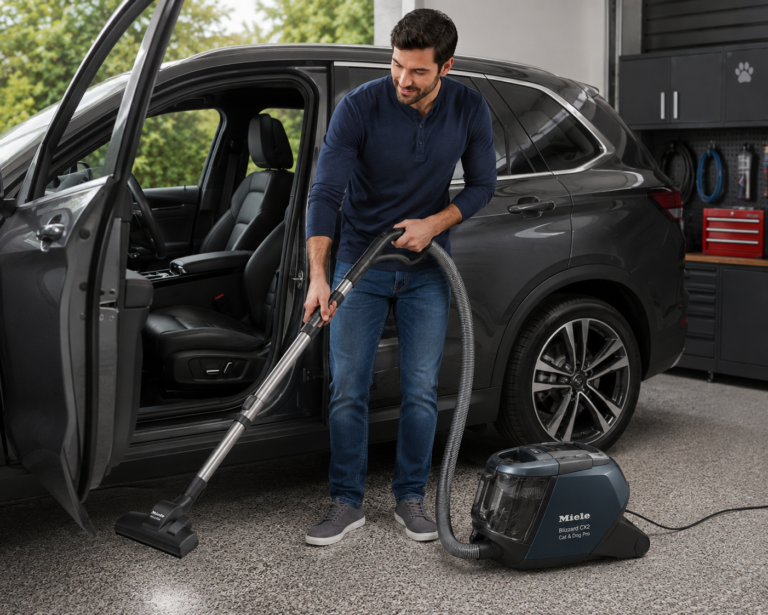 Man cleaning car with the Miele Blizzard CX2 Cat & Dog Pro