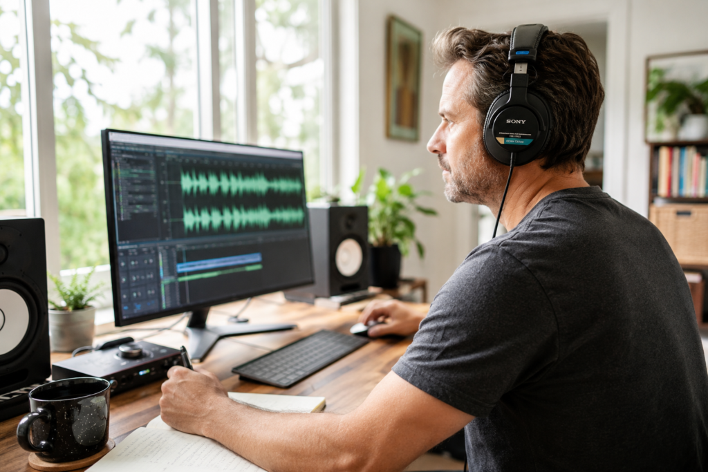 Sony MDR-7506 review. Man sitting at his desk listening on his headphones.